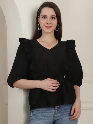 Black Solid Women's Top With Frills