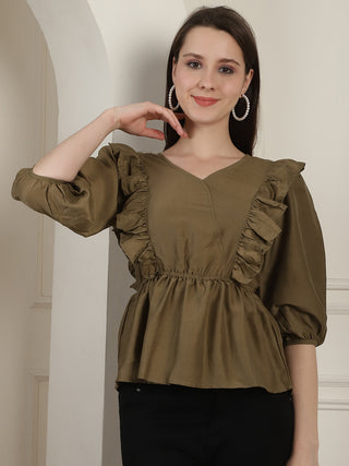 Brown Solid Women's Top With Frills