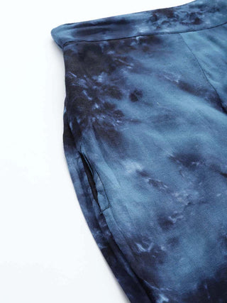 Women Navy Blue Tie Dye Printed Rayon Kaftan Tunic With Trousers