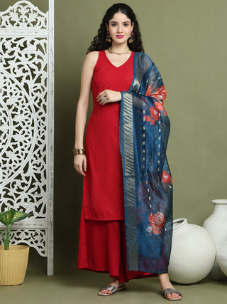 Embroidered Rayon Kurta Palazzos With dupatta