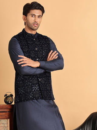Men's Velvet Nehru Jacket With Solid Kurta Pyjama