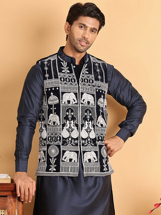 Men's Embroidered & Velvet Nehru Jacket With Solid Kurta Pyjama