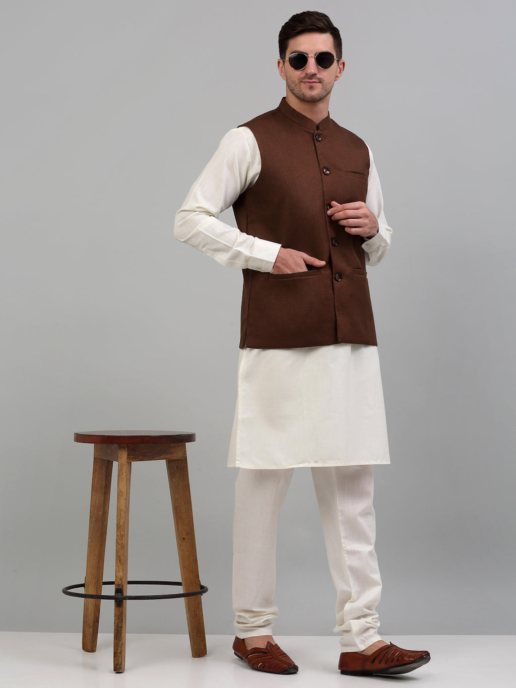 Matching Kurta Pajama Brown Kurta White Pajama Men Nehru Jacket