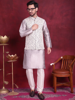 Woven Design Nehru Jacket With Kurta Pyjama Set