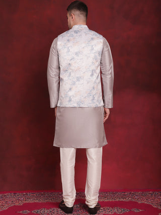 Silver Floral Printed Nehru Jacket With Kurta Pyjama Set