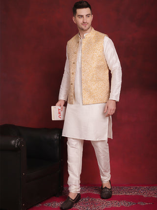 Golden Woven Design Nehru Jacket With Kurta Pyjama Set