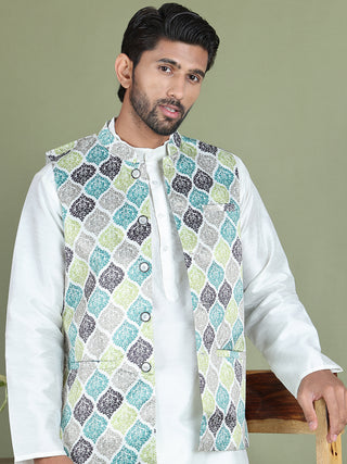 Printed Nehru Jacket With Kurta Pyjama Set for Men