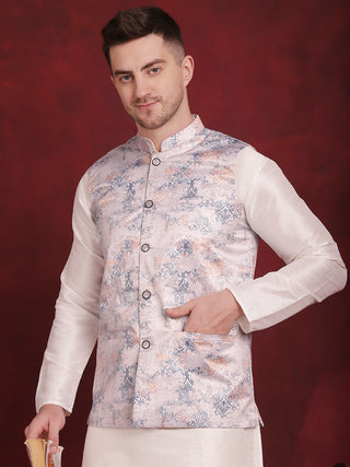 Silver Floral Printed Nehru Jacket With Kurta Pyjama Set