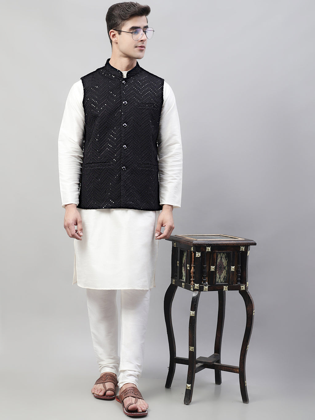 Nehru Jacket Black Kurta Pajama Koti With Black Koti White Kurta