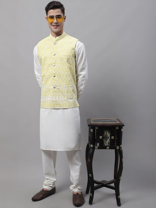 Men off-White Solid Kurta Pyjama with  Yellow Embroidered Nehru Jacket