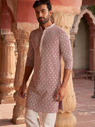 Men's Maroon Chikankari Embroidered and Sequence Kurta with Pyjama