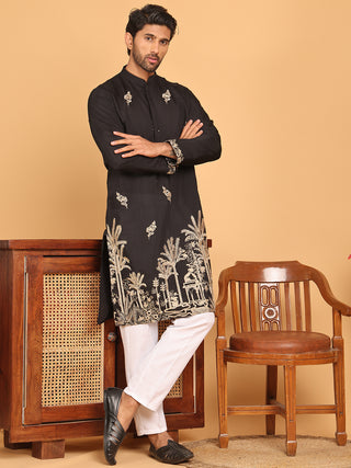 Black Embroidered Straight Kurta Set For Men