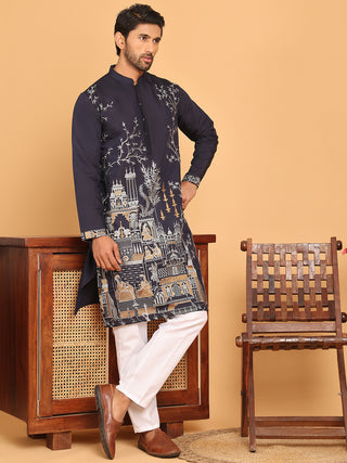 Navy Blue Embroidered Straight Kurta Set For Men