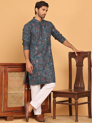 Blue Embroidered Straight Kurta Set For Men
