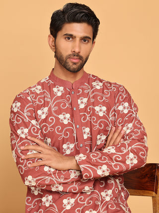 Floral Embroidered Straight Kurta Pyjama Set For Men