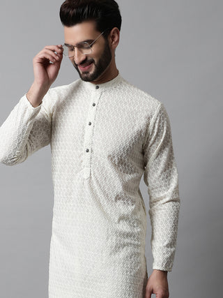 Jompers Men Cream Chikan Kurta with Churidar