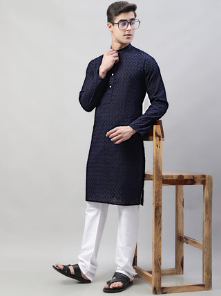 Jompers Men Navy Blue Chikan Kurta with Churidar
