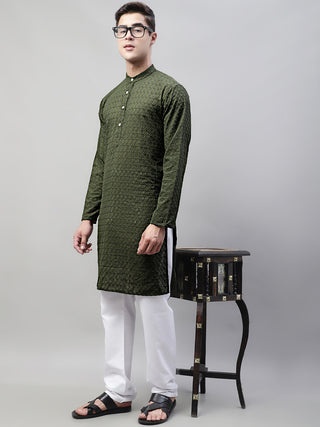 Jompers Men Olive Green Chikan Kurta with Churidar