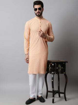Jompers Men Orange Chikan Kurta with Churidar