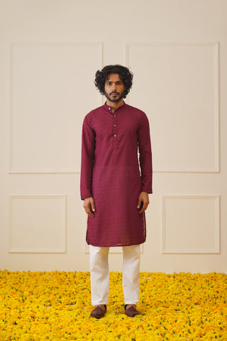 Jompers Men Purple Chikan Kurta with Churidar