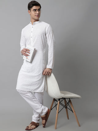 Jompers Men White Chikan Kurta with Churidar