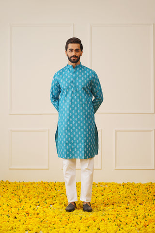 Jompers Men's Teal Cotton Floral printed kurta Pyjama Set