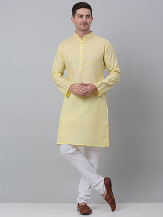 Jompers Men's Yellow Cotton Floral printed kurta Pyjama Set