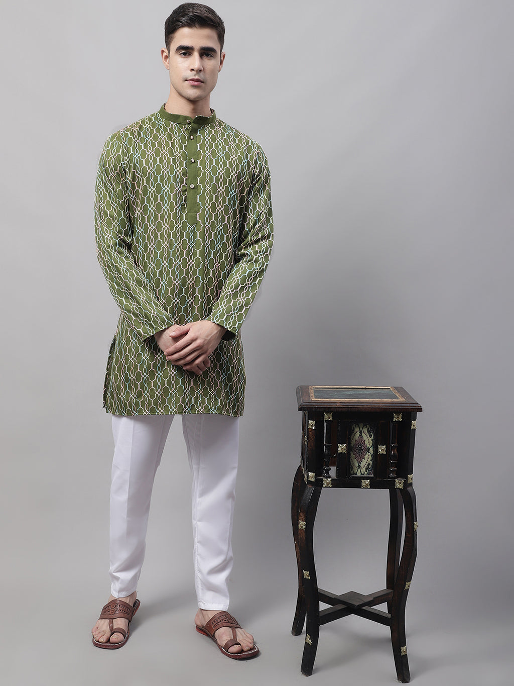 Olive Embroidered Wool Straight Kurta