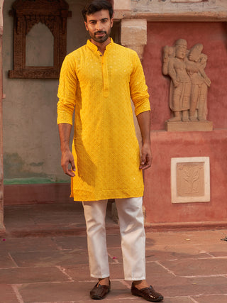 Men's Yellow Chikankari Embroidered and Sequence Kurta with Pyjama.