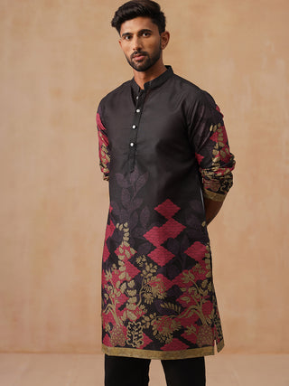 Floral Printed Black Cotton Blend Kurta Set with Dupatta