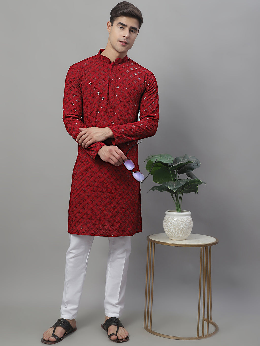 Men Burgundy Kurta Pajama Men's Maroon Chikankari Embroidered And