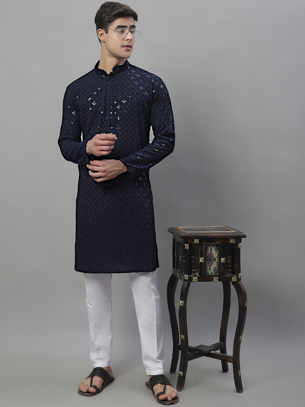 Men's Navy Blue Chikankari Embroidered and Sequence Kurta with