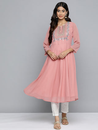 Jompers Geometric Embroidered Mirror Work Georgette Anarkali Kurta