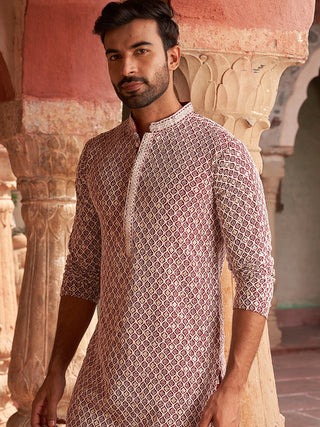 Men's Maroon Chikankari Embroidered and Sequence Kurtas