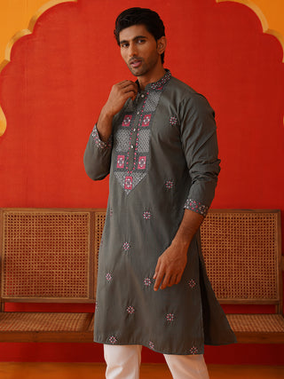 Men Grey Floral Embroidered Kurtas