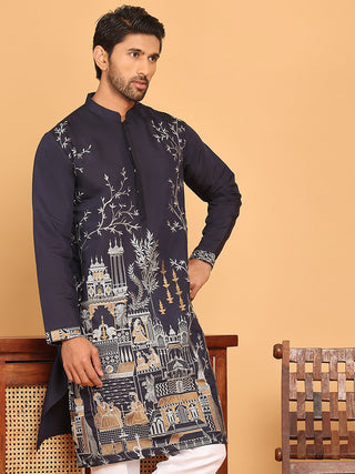 Navy Blue Embroidered Straight Kurtas For Men
