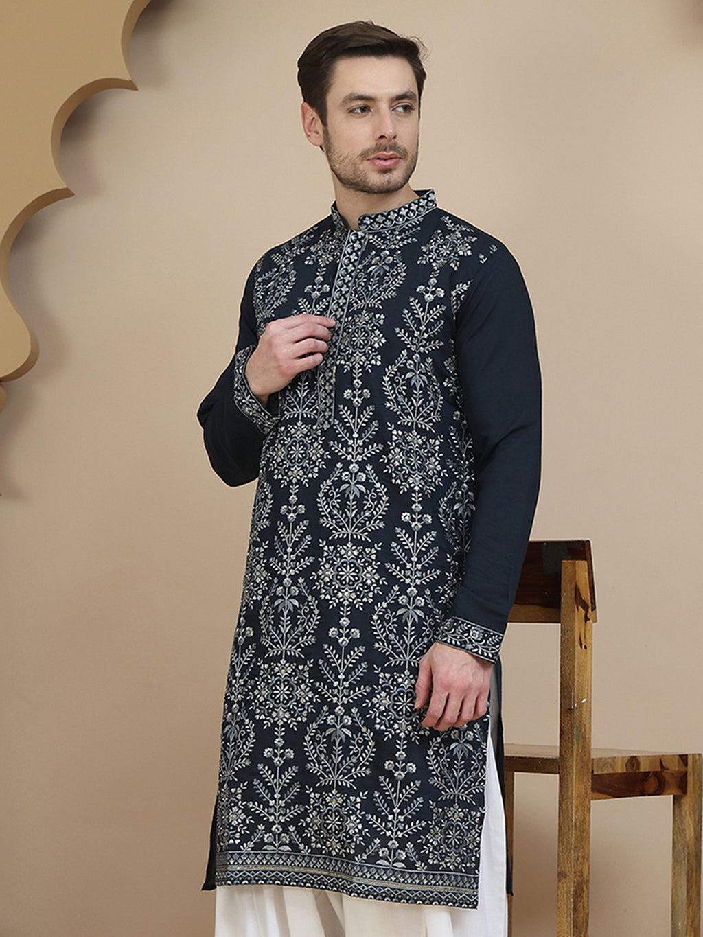 Silk Blend Designer Embroidered Kurta