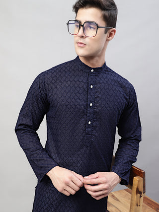 Jompers Men Navy Blue Chikan Kurta Only