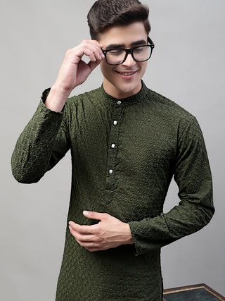 Jompers Men Olive Green Chikan Kurta Only