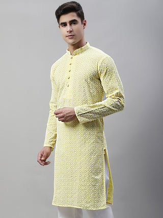 Jompers Men's Yellow Embroidered Kurta Only