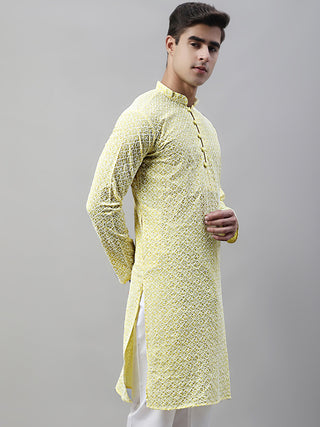 Jompers Men's Yellow Embroidered Kurta Only