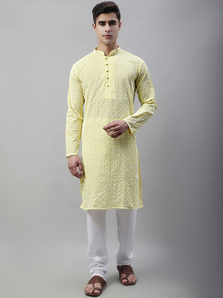 Jompers Men's Yellow Embroidered Kurta Only