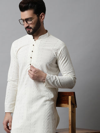 Jompers Men Cream Embroidered Kurta Only
