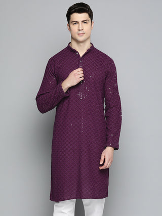 Men Purple Chikankari Embroidered and Sequence Kurta Only