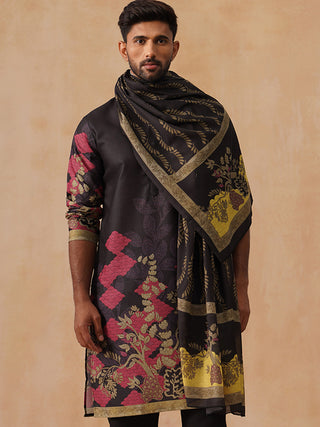 Floral Printed Black Cotton Blend Kurta with Dupatta