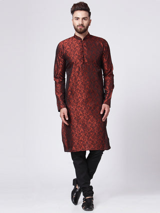 Men Maroon & Black Self Design Kurta with Churidar