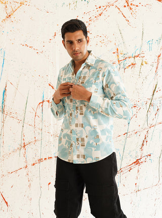 Sky Blue Printed Spread Collar Cotton Curved Casual Shirt