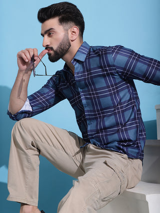 Blue Checked Cotton Casual Shirt for Men