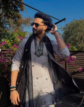 Tanzeel khan in Embroidered Blue Silk Blend Kurta Salwar and Dupatta Set for Men