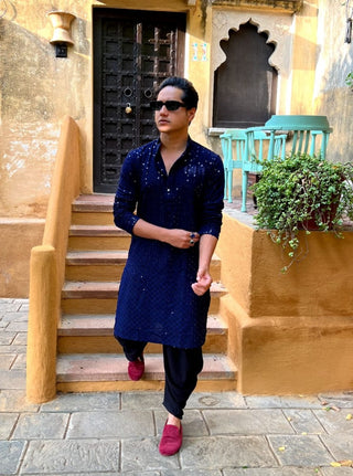Men Navy Blue Chikankari Embroidered and Sequence Kurta Only